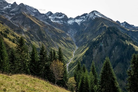 View of the Bacherloch Valley and the mountains of the Allgäu Alps with Wilder Mann and