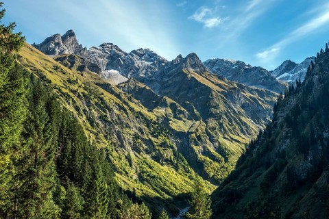 View of the Bacherloch Valley, in the back mountains of the Allgäu Alps with Trettachspitze,