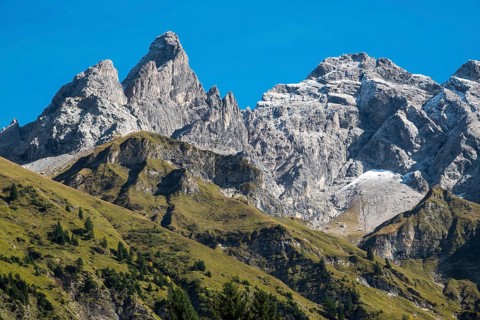 View of Trettachspitze and Mädelegabel, Allgäu Mountains, near Einödsbach, Oberstdorf, Oberallgäu,