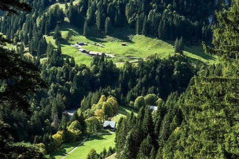 View of Einödsbach and the Rappenalp Valley with Buchrainer Alpe, Oberstdorf, Oberallgäu, Allgäu,