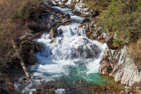 Gorge or Schlucht Ruetz Cataract on the Ruetz River with rapids and waterfall on the Wilde Wasser