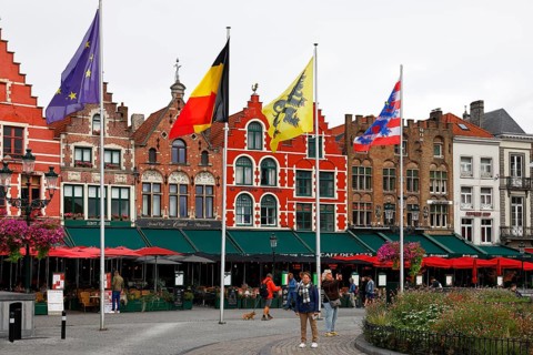 Historic houses on the market square in the old town of Bruges, Grote Markt, former guild houses,