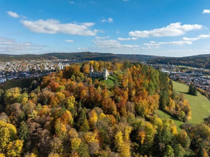 Aerial view of the ruins of Honburg Castle on the Honberg above the town of Tuttlingen, surrounded