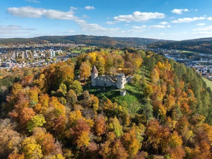 Aerial view of the ruins of Honburg Castle on the Honberg above the town of Tuttlingen, surrounded