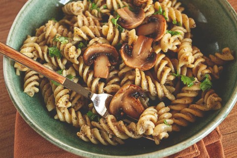 Fusilli pasta, in creamy mushroom sauce, pasta with mushrooms, homemade, no people