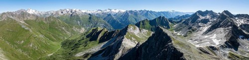 360° alpine panorama, aerial view with summit of Grossvenediger, Venediger Group and Lasörling