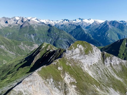 Alpine panorama, aerial view with summit of Großvenediger, Venediger Group and Lasörling Group,