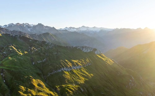 Sunrise, alpine panorama, aerial view with summit of Großvenediger, Venediger Group and Lasörling