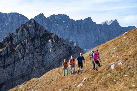 Female hiker on hiking trail, hiking to Gamsjoch, eastern Karwendel, Tyrol, Austria