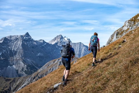 Two hikers on hiking trail, hiking to Gamsjoch, eastern Karwendel, Tyrol, Austria