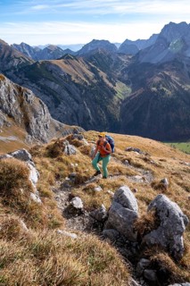 Female hiker on hiking trail, hiking to Gamsjoch, down the Ahornboden valley, eastern Karwendel,