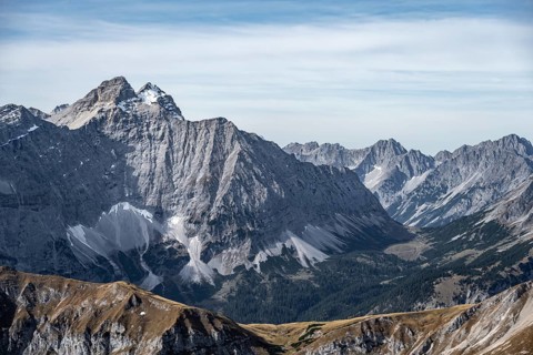 Majestic mountain landscape with high peaks and clear skies, eastern Karwendel, Tyrol, Austria
