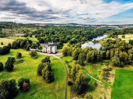 Duns Castle Estate and garden from a dron, Duns, Berwickshire, Scotland, UK