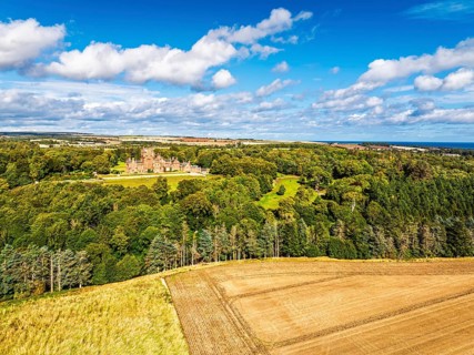 Ayton Castle from a drone, Ayton, Eyemouth, Scottish Borders, Scotland, UK