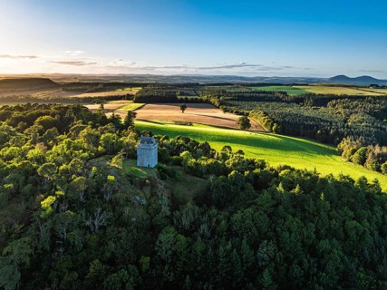 Fatlips Castle from a drone, Minto Crags, River Teviot, Roxburghshire, Scottish Borders, Scotland,