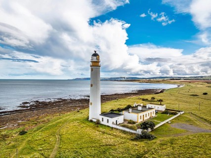 Barns Ness Lighthouse from a drone, Dunbar, East Lothian, Scotland, UK