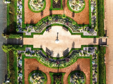 Top Down view over Italian Garden in Abbey Park from drone, Torquay, Torbay, Devon, England, United