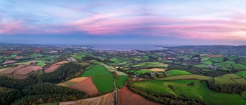 Twilight Sky of Torbay farms and fields from a drone, Totnes, Berry Pomeroy, Devon, England, United