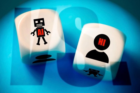 Two dice with human and AI symbols and the inscriptions AI artificial intelligence and HI human