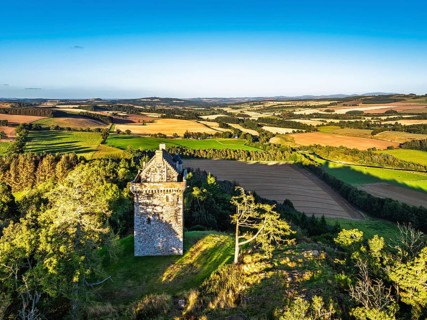 Fatlips Castle from a drone, Minto Crags, River Teviot, Roxburghshire, Scottish Borders, Scotland,
