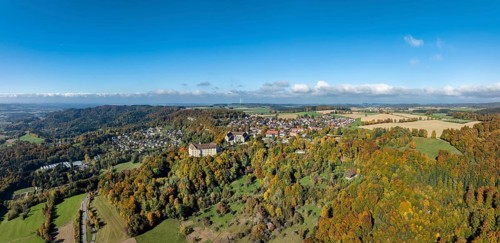 Aerial view, panorama of Heiligenberg Castle, a Renaissance-style palace complex, Tübingen