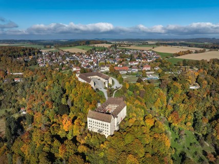 Aerial view of Heiligenberg Castle, a Renaissance-style palace complex, Tübingen administrative