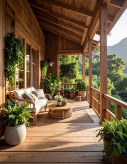 An eco-friendly porch designed for sustainable living in an environmentally-conscious home, lush
