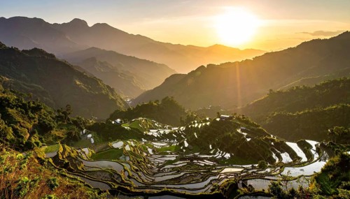 Early morning light bathes Philippines rice terraces cascading down mountain slopes, beautiful