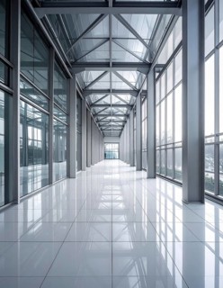 Modern architectural framework with glass and steel structure, glass facade with a greed of steel