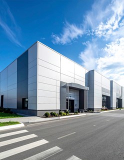 Modern supermarket building exterior against blue sky, Inviting white facade, some clouds, concept