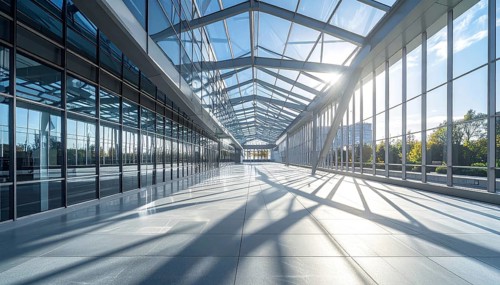 Modern architectural framework with glass and steel structure, glass facade with a greed of steel