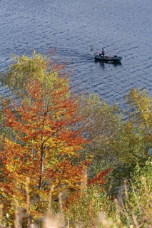 Fishing boat, Biggesee bei Sondern, Olpe, Sauerland, North Rhine-Westphalia, Germany