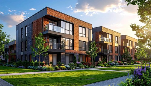 Modern apartment building with balconies and well-kept landscaping at sunset, Modern multifamily