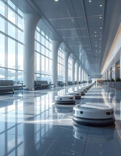 Autonomous cleaning roboter at modern airport terminal, showcasing advanced technology, daylight in