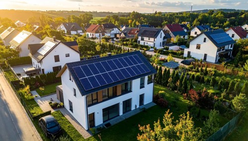Aerial view showcases modern houses with solar panels and green roofs in a suburban setting,