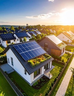 Aerial view showcases modern houses with solar panels and green roofs in a suburban setting,