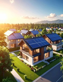 Aerial view showcases modern houses with solar panels and green roofs in a suburban setting,