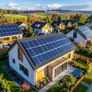 Aerial view showcases modern houses with solar panels and green roofs in a suburban setting,