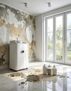 A specialized dehumidifier operates in a mold-infested room following water damage, Shell