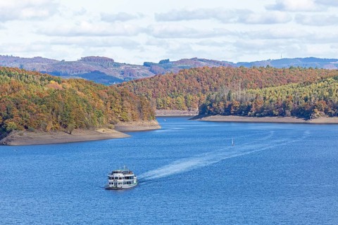 Excursion boat, Biggesee near Sondern, Olpe, Sauerland, North Rhine-Westphalia, Germany