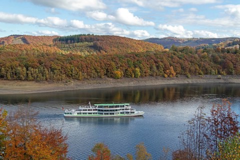 Excursion boat, Biggesee near Sondern, Olpe, Sauerland, North Rhine-Westphalia, Germany
