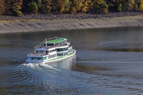 Excursion boat, Biggesee near Sondern, Olpe, Sauerland, North Rhine-Westphalia, Germany