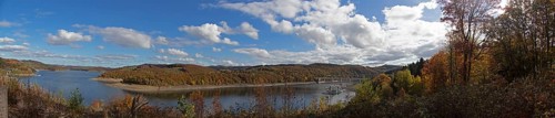 Panoramic picture, Biggesee near Sondern, Olpe, Sauerland, North Rhine-Westphalia, Germany