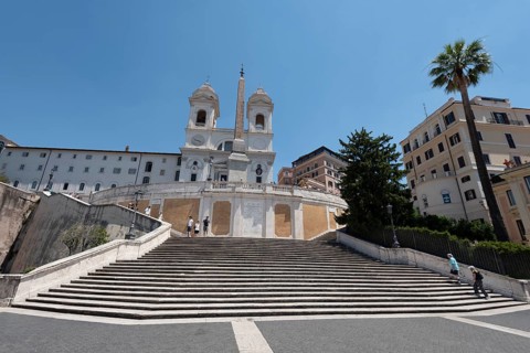 Spanish Steps, Trinità dei Monti church with double tower and obelisks in the middle, Rome, Italy