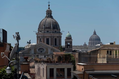 Sant'Agnese church in Agone in the foreground, St. Peter's Basilica in the background, Rome, Italy