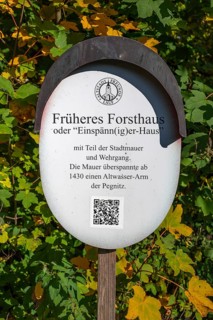 Information board in front of a historic, former forester's lodge, Lauf an der Pegnitz, Middle