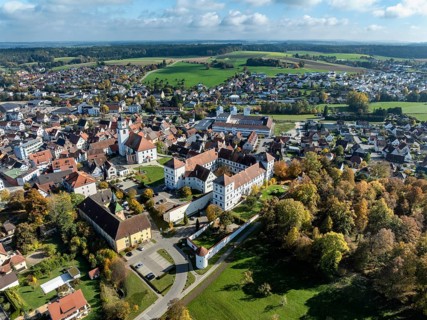 Aerial view of the city of Messkirch with Messkirch Castle and Castle of the Counts of Zimmern,
