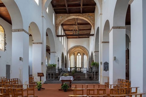 Interior of 11th century Abbey Church of St Peter, Église abbatiale Saint-Pierre d'Hastière,