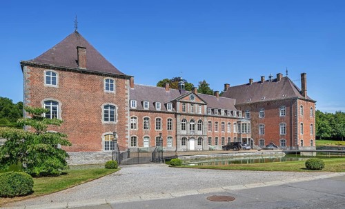 16th century Classicist Château de Franc-Waret in Louis XV style, moated castle in the village