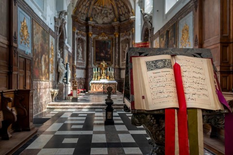 Lectern with hymn book in choir of the John the Evangelist church at 12th century Premonstratensian